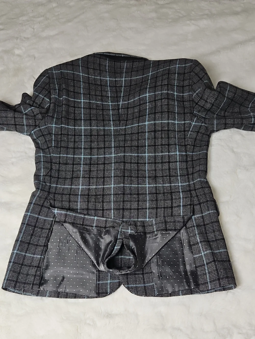 Men's Gray Plaid 3 Piece Suit with Light Blue Windowpane